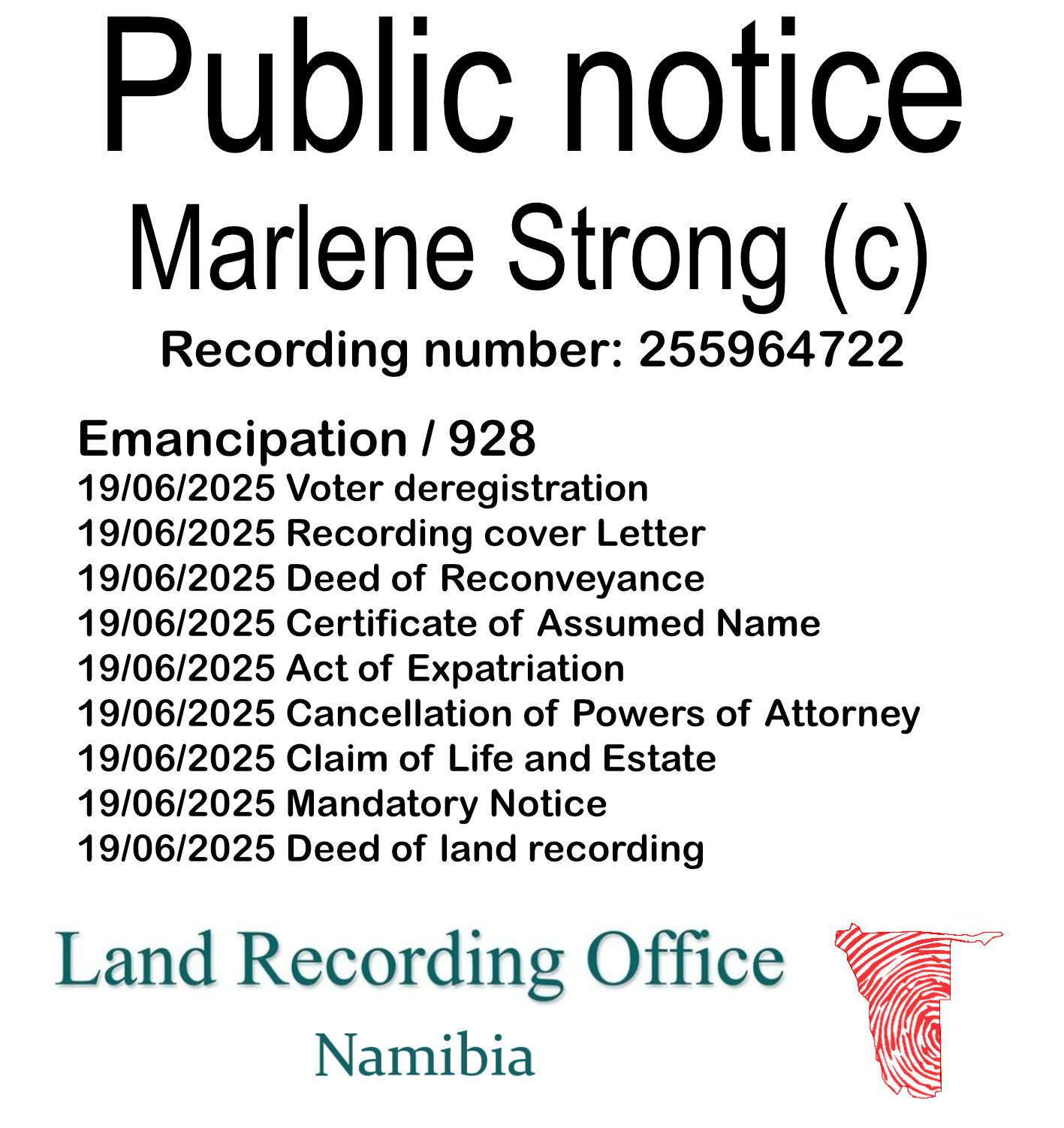Public Notice Marlene Strong (c) Recording number 255964722